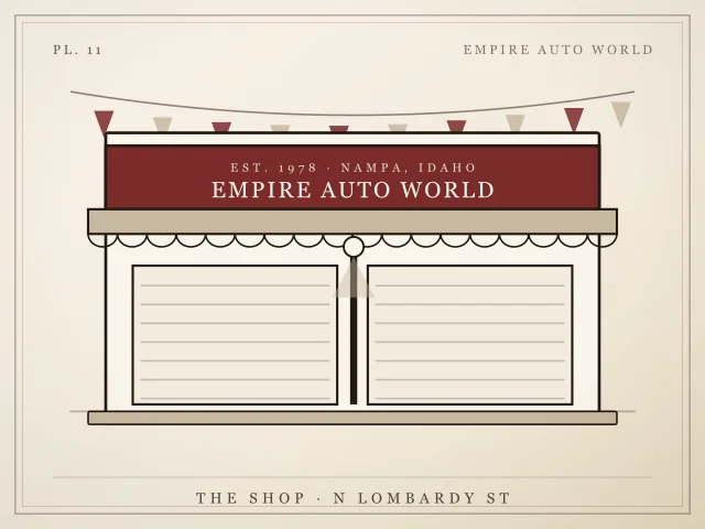 Illustration of the Empire Auto World garage with its sign, awning and two roll-up doors