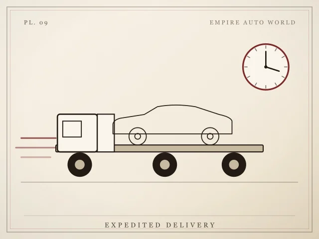 Illustration of a flatbed truck carrying one car at speed, with a clock